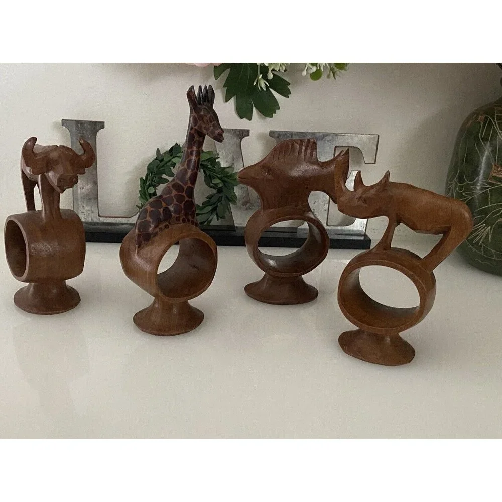Set of 4 Hand Carved Napkin Rings African Safari Jungle Animal Teak Wood Vintage